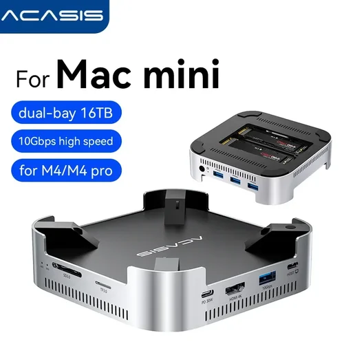 Carcasa Acasis 10Gps USB-C de dos bahías M.2 NVMe con almacenamiento y puertos USB-A HDMI 4K60Hz, estación de acoplamiento para Apple Mac mini M4/M4 Pro