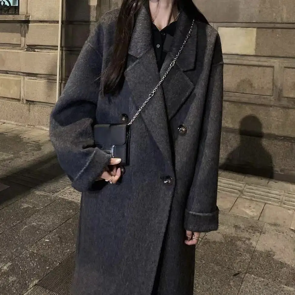 Cappotti di lana da donna Giacche solide Tasche con colletto rovesciato Maniche lunghe Doppio petto Casual Office Lady 2025 Autunno Inverno