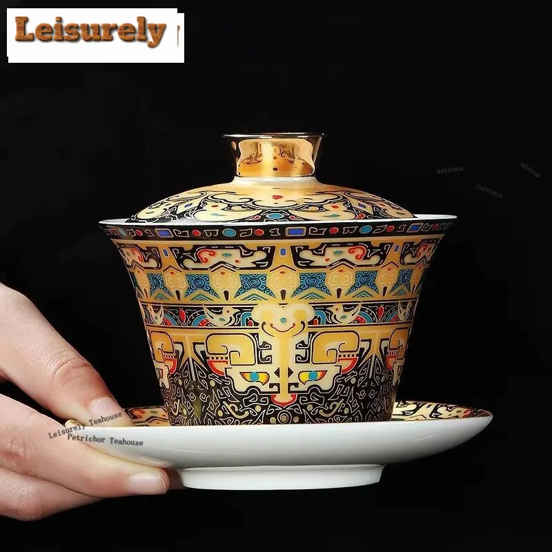 

180ml Tangka Gilded Hovering Cover Bowl Creative Dragon Pattern Gaiwan Aesthetic Tea Tureen Tea Brewing Tea Services Decoration