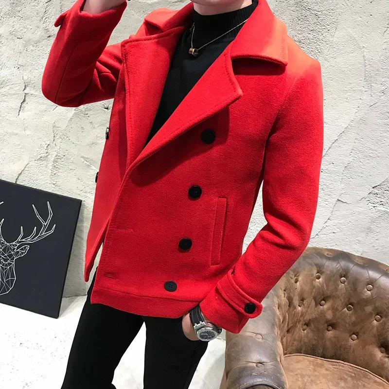 Autumn Winter Men Coat Thick Short Paragraph Solid Color Casual Woolen Coat Double-Breasted Casual Woolen Trench Coat Jacket