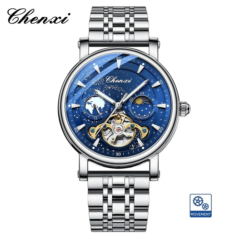 CHENXI Skeleton Tourbillon mechanische Uhren für Herren, vollautomatische leuchtende Mondphase-Chronograph-Herrenuhr 5