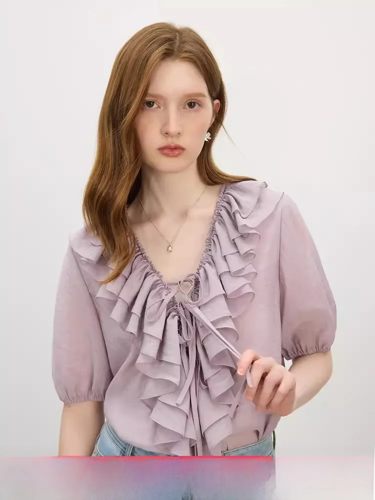 

Romantic Lace Trim V-Neck Short Sleeve Women's Shirt Summer 2025 New Design Sensation Elegant Fashion Casual Business Top