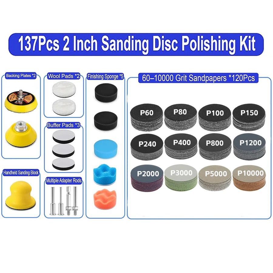 2Inch 50MM Wet and Dry Sandpaper Kit 137Pcs with Polishing Pad Sanding Pad Hand Sanding Block for Grinding Wood Metal
