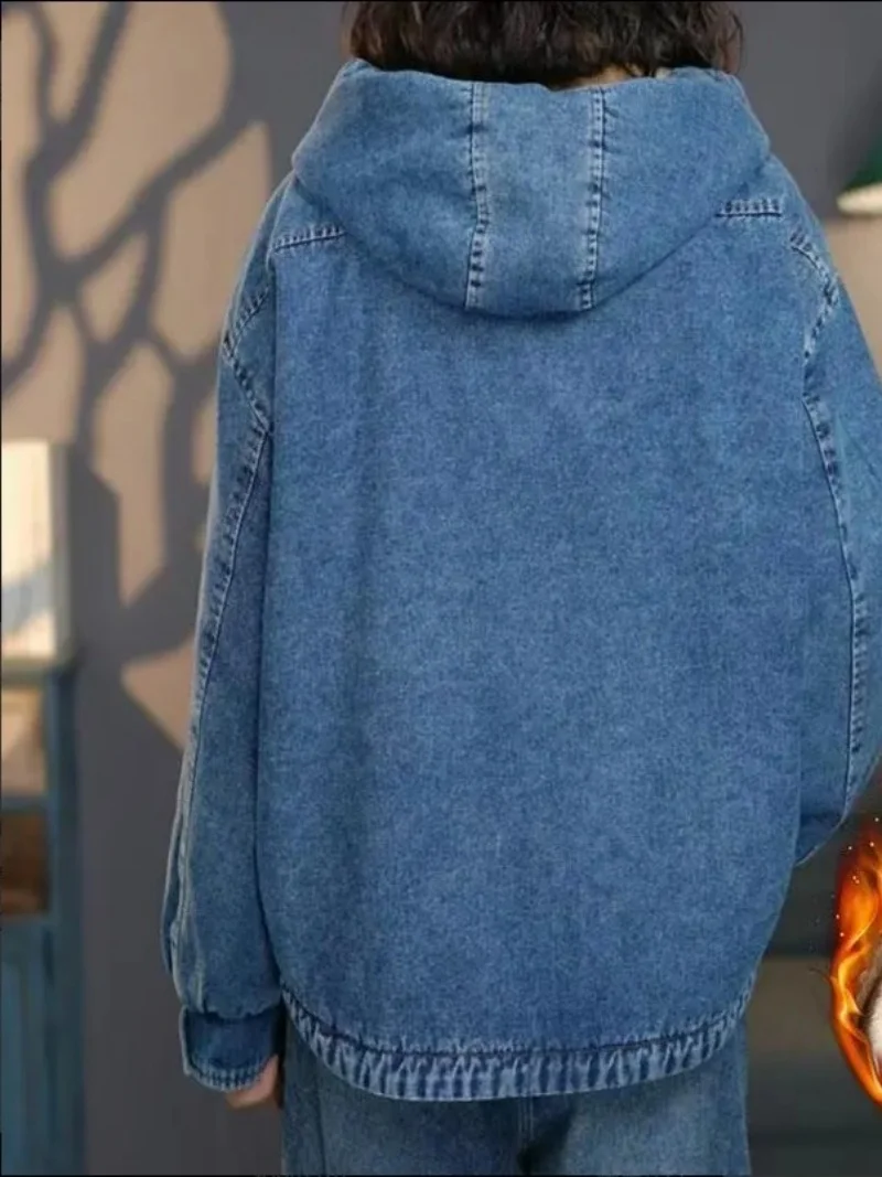2025 Winter Hooded Velvet Denim Jacket Loose Casual Versatile Solid Color Splicing Lamb Wool Thick Cotton Coat for Women W1177