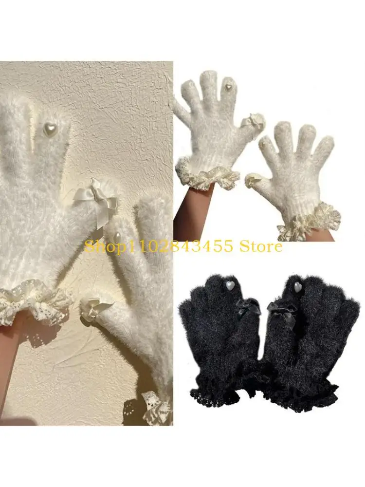 

49MC Ruffle Lace Trim Furry Plush Winter Gloves for Kids Girls Heart Bow Thicken Warm Fuzzy Full Finger Gloves Mittens