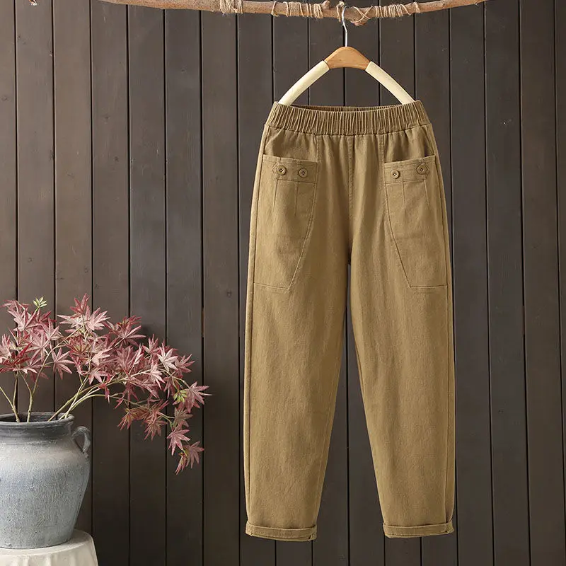 2024 Temperament Summer Casual Women's Fashion Versatile Solid Color Pockets Elastic High Waist Loose Straight Harun Crop Pants