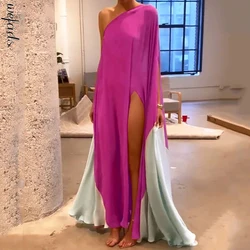 Wefits donna Maxi abiti moda Prom Robe moda una spalla fessura allentata Color Block Beach Vacation Party High Street Wear