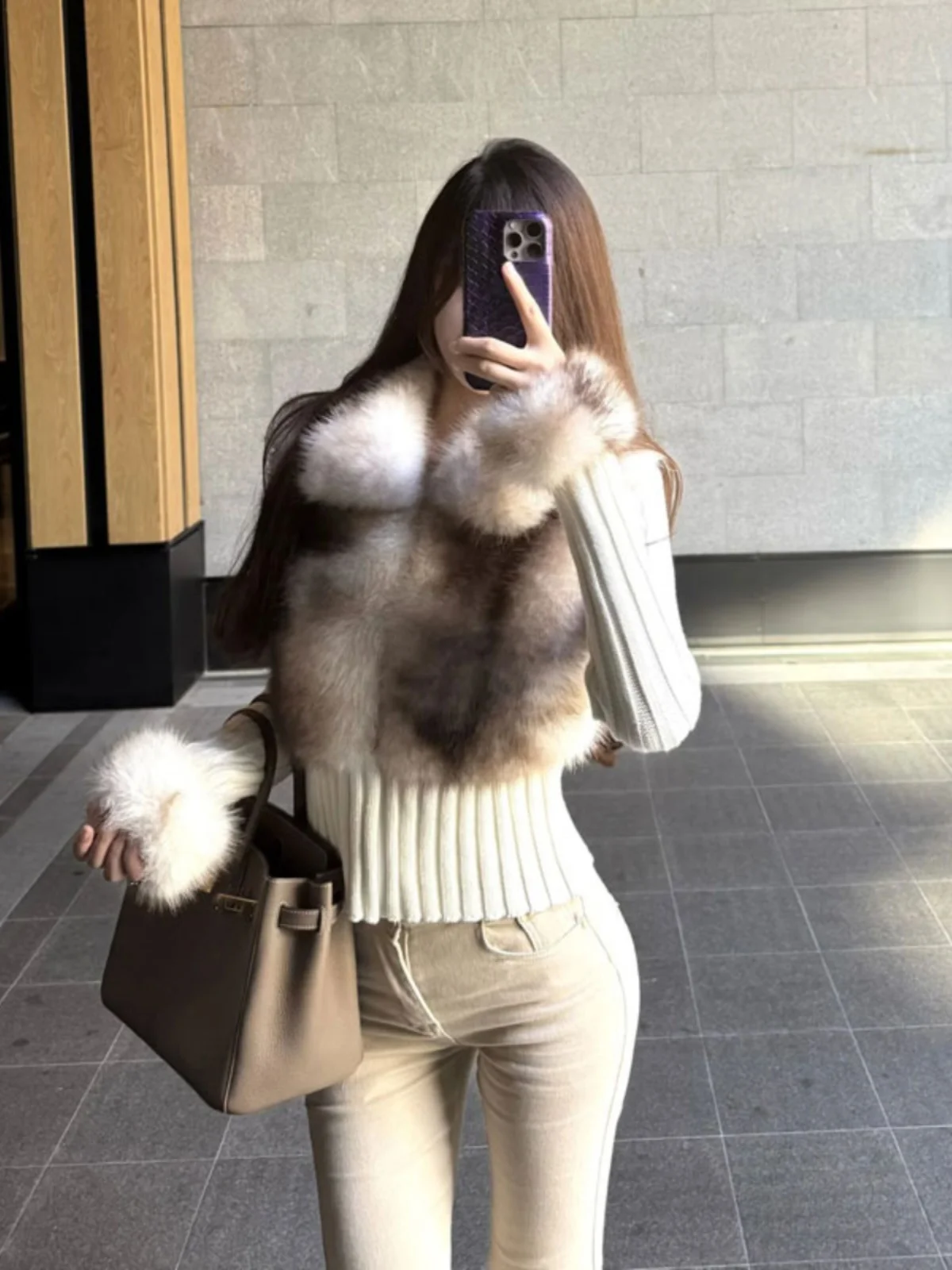

Retro High-End Fur And Knitted Outerwear Youthful Sle Faionable Autumn New Arrival Women's Coat Warm Color Long Sve
