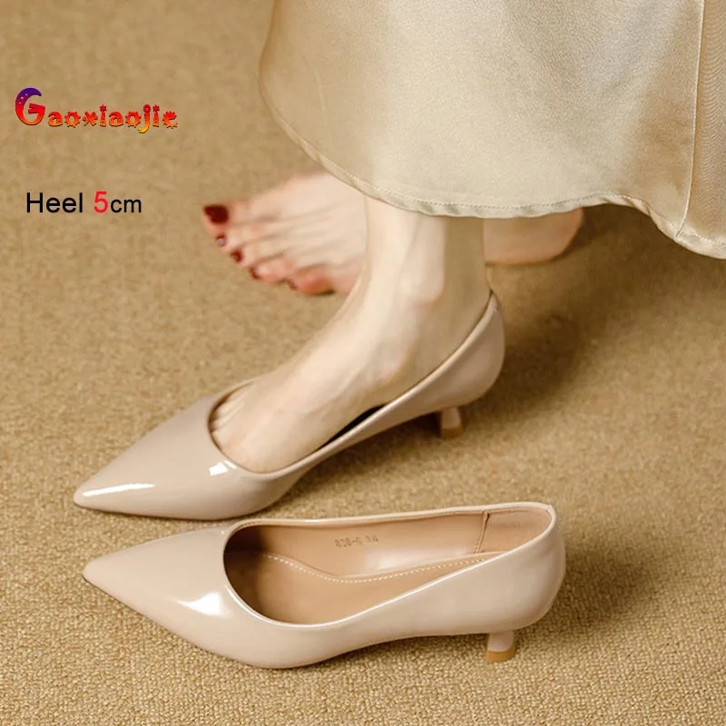 

New Fashion Women Pumps 5CM High Heels Patent Leather Ladies Shoes French Style Vintage Solid Color Shallow Mouth Single Shoes
