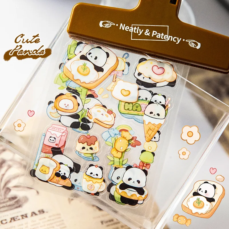 8Pcs Cute Handmade Panda Pattern Cartoon Stickers for Kids Fun Self-Adhesive Planner Stickers Waterproof Panda Stickers