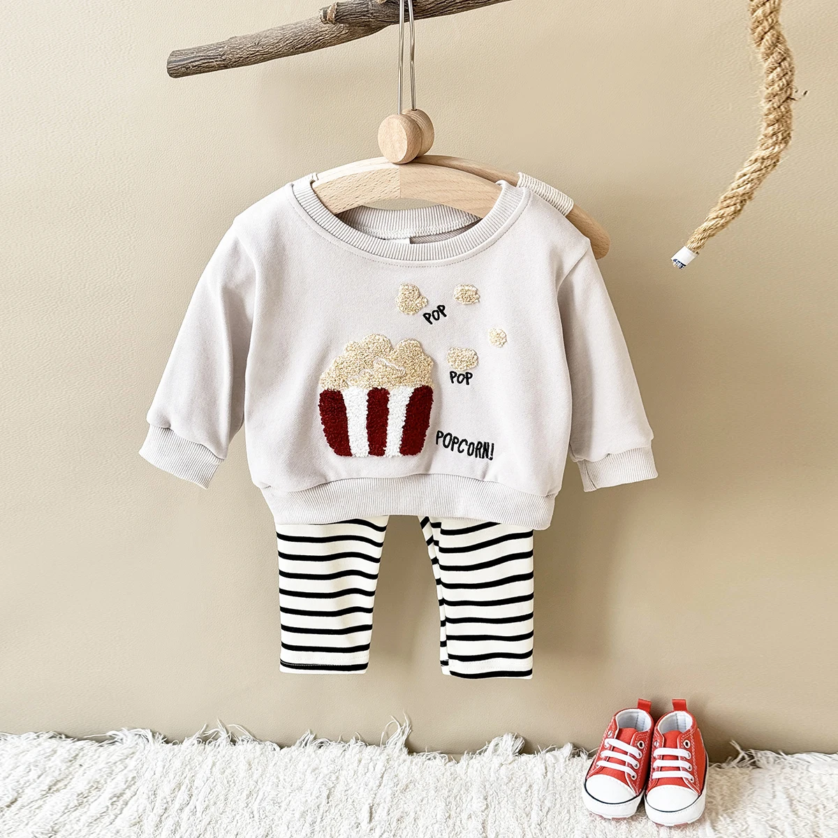 Nouvelle tenue pour bébé haut printemps automne fille pantalons longs sweat dessin animé pop-corn haut enfants enfants vêtements 2 pièces bébé garçon vêtements