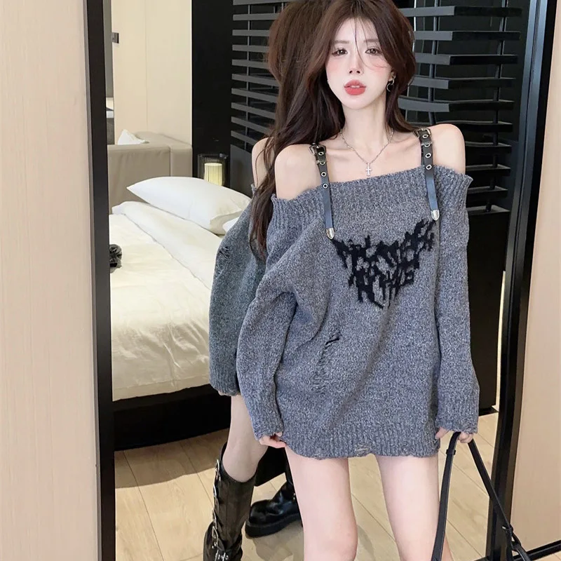 One shoulder Subculture top punk style knitted sweater pullover sweater sweet casual vintage Harajuku y2k Aesthetic chic sweater