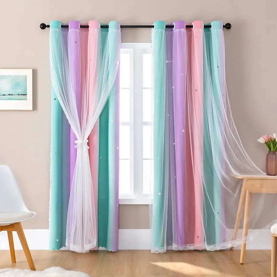 

Curtains for Girls Bedroom Decor, Rainbow Blackout Curtains for Kids/Little Girl Room Decor, Unicorn Wall Decals,Pink Purple Gre
