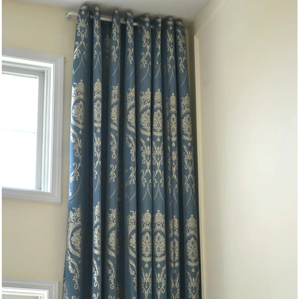 Tende jacquard extra lunghe blu grigio con motivo reale argento/oro, larghezza 100, lunghezza 16-18 piedi per installazione superiore con passacavo