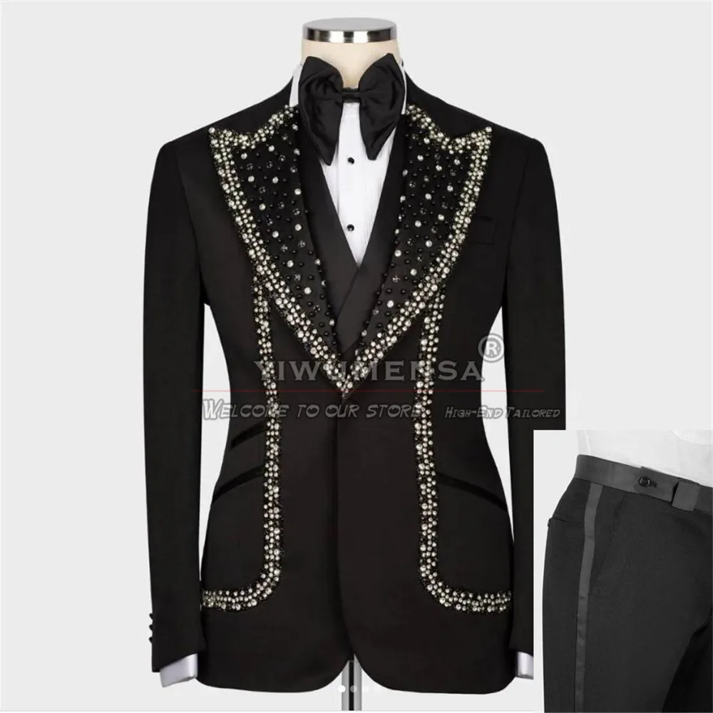 

Crystals Beaded Groom Wedding Suits Custom Made 3 Pieces Black Jacket Vest Pants Man Tuxedos Banquet Prom Dinner Costume Homme