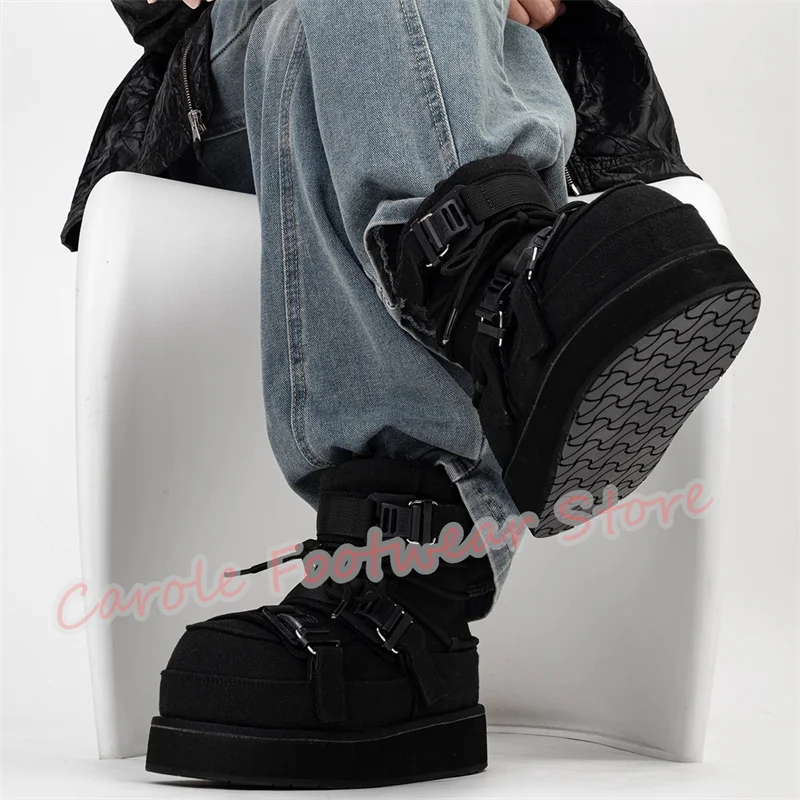 

Punk Chunky Bottom Belt Buckle Cross-Tied Boots for Men Winter Warm Snow Boots Male Outside Motorcyle Boots Leisure Sneakers