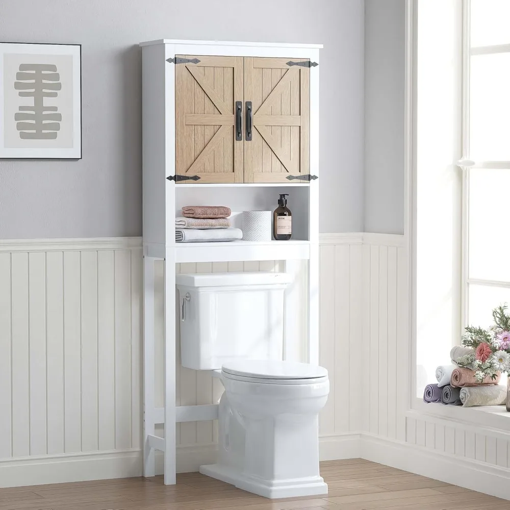 

Over The Toilet Storage Cabinet, Farmhouse Over Toilet Bathroom Organizer with Wood Grain Barn Doors and Adjustable Shelves