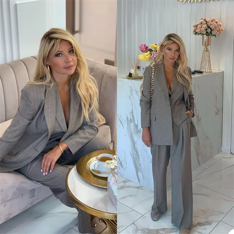 Grey Pinstripe Women Suits Pants Set 3 Pcs Formal Office Lady Coat Blazer+Vest+Trousers Custom Size Prom Dress костюм женский