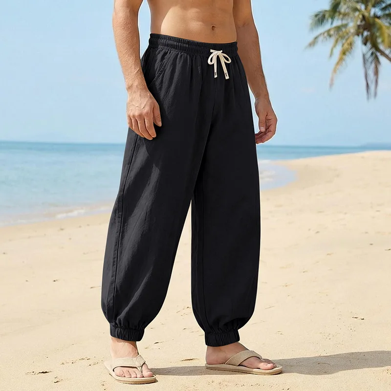 Europäische und amerikanische Freizeithose für Herren: Sommerliche Strand-Leinenhose in Übergröße mit Bündchen am Knöchel – Detail 22