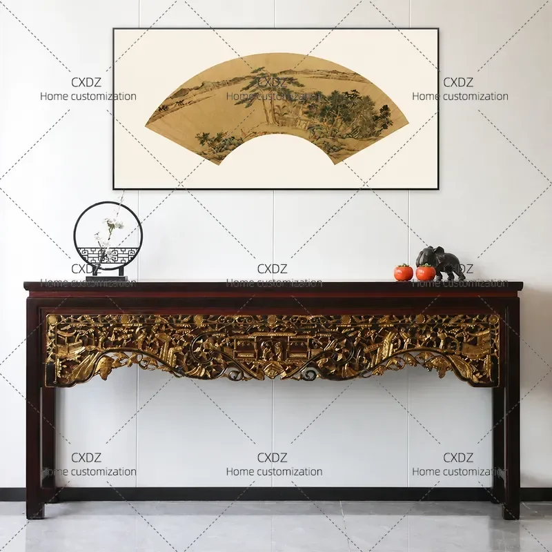 Retro Chinese Gold Painted Carved Buddha Table Incense Stand Old Flower Board Wall Console Entryway Table Middle Hall