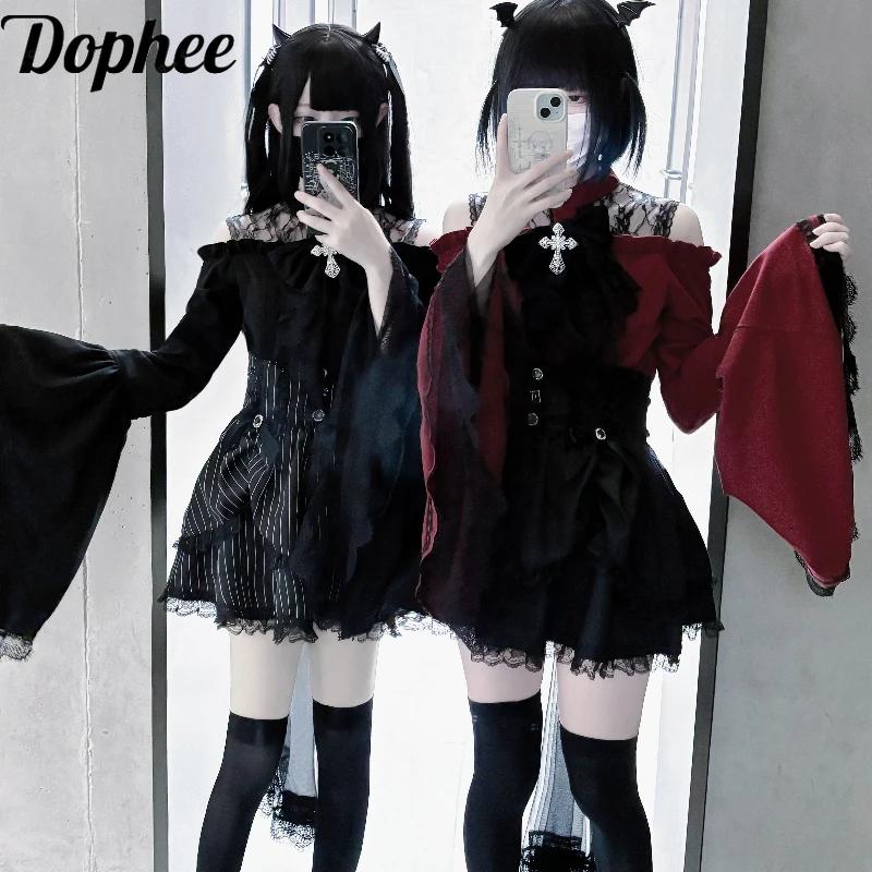 Dophee Original Japanese Off Shoulder Long Sleeve Women Blouses Lace Flare Sleeve Cross Bow Subcultural Lolita Shirt Gothic Top