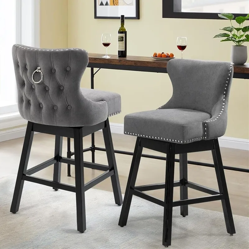 Set of 2 Swivel Barstools 29” Seat Height Bar Stools with Back & Wood Legs Grey