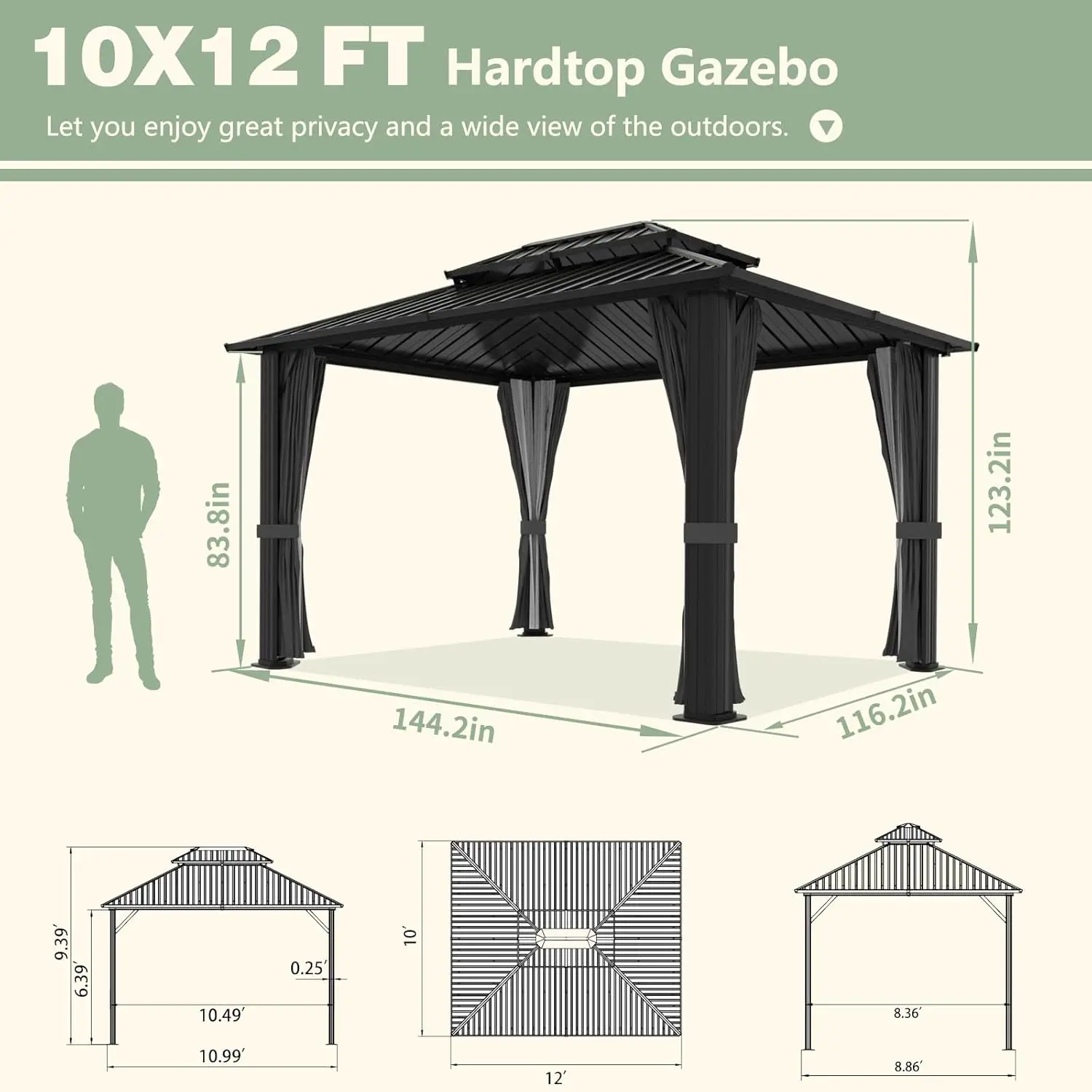 10x12 FT Hardtop Gazebo Canopy with Double Galvanized Steel Roof,Garden, Backyard, Black