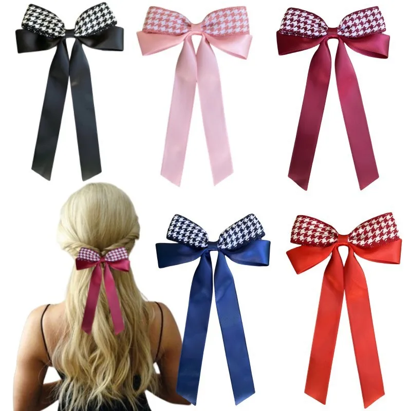 

30pc/lot 4.5" Satin Ribbon Hair Bow Hair Clips Women Girls Long Tails Ribbon Bows Hairpins Plaid Bowknot Barrettes Kids Headwear