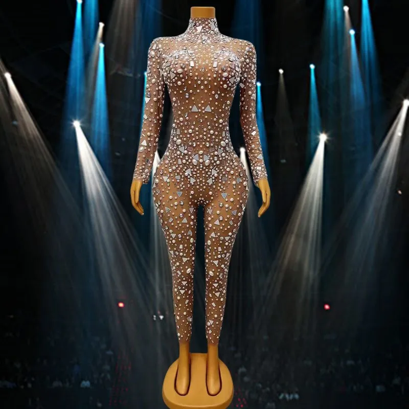Damski kombinezon z dżetami i cekinami na urodziny, elastyczny, obcisły, siateczkowy pajacyk, kostium sceniczny dla piosenkarki, seksowny strój na występy w klubie nocnym.