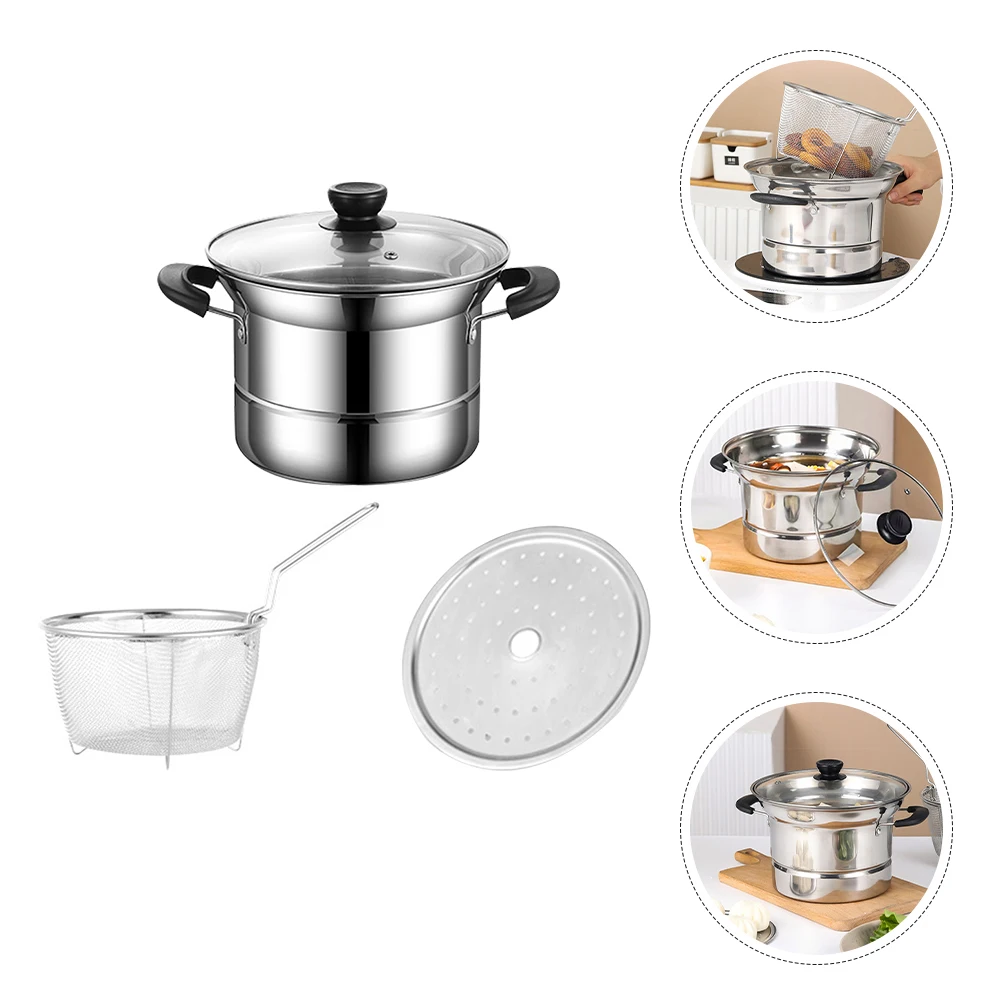 1 Set Edelstahl Suppentopf Suppentopf Fritteuse Topf mit Korb Antihaft-Oberfläche Tragbare Einhand-Milch-Nudeln