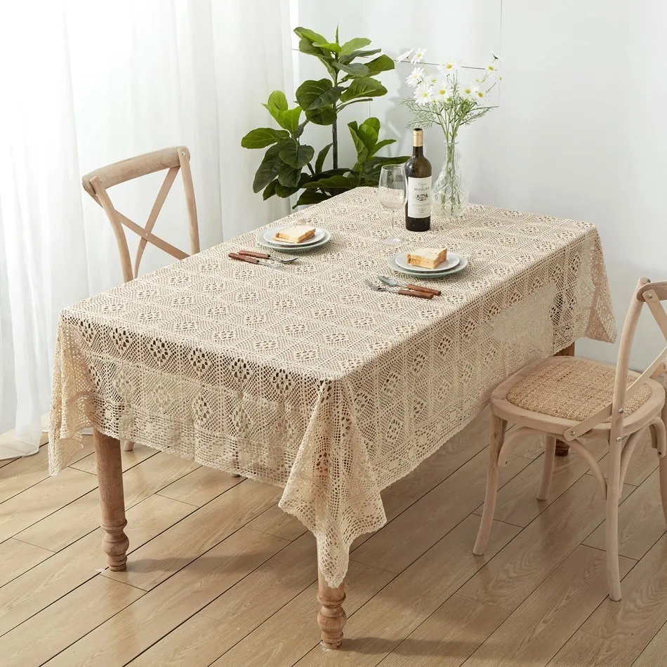 Crochet Hollow Tablecloth, Home Decorative Rectangle Fabric, Beige Lace, Bedroom Coffee Table for Living Room, Cover Cloth Mat