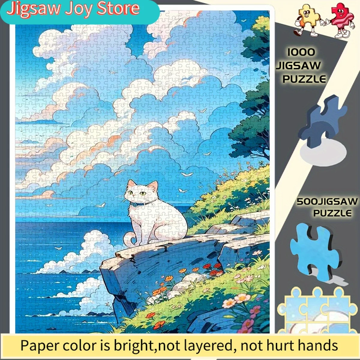 

White Cat on a Seaside Cliff with a Picturesque View, Frameless, the Perfect Choice for DIY Enthusiasts. Paper Jigsaw Puzzle