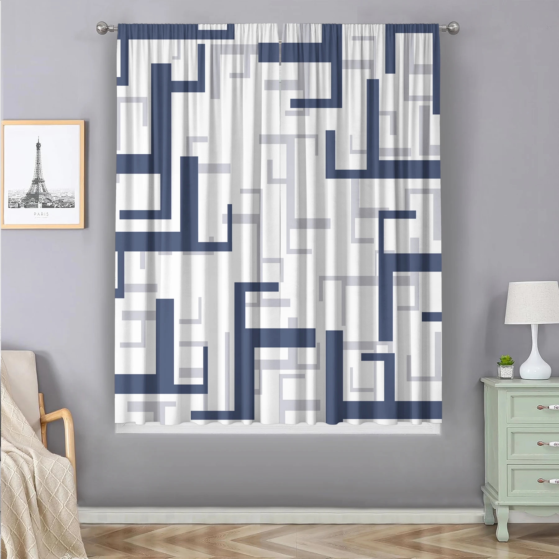 2PC Home Decoration Curtain Charm Geometric Fashion Elements Grid Printed Curtain Set, Suitable For Bedroom Garden Balcony