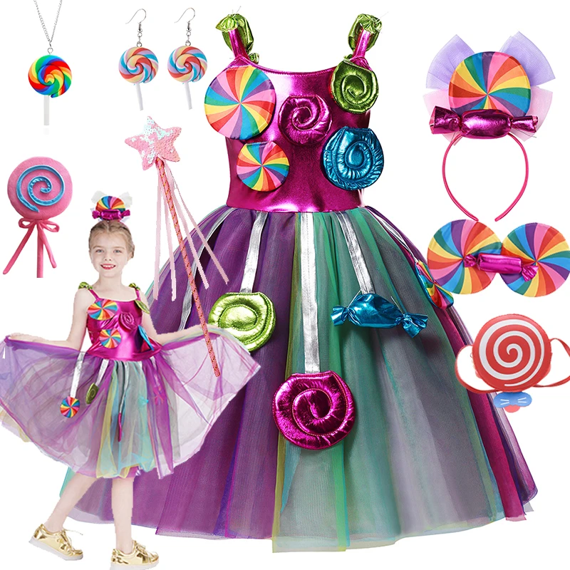 

Purim Festival Lollipop Costume Girls Fairy Dress Fancy Carnival Birthday Fantasy Children Candy Rainbow Vestido Dress for Girls