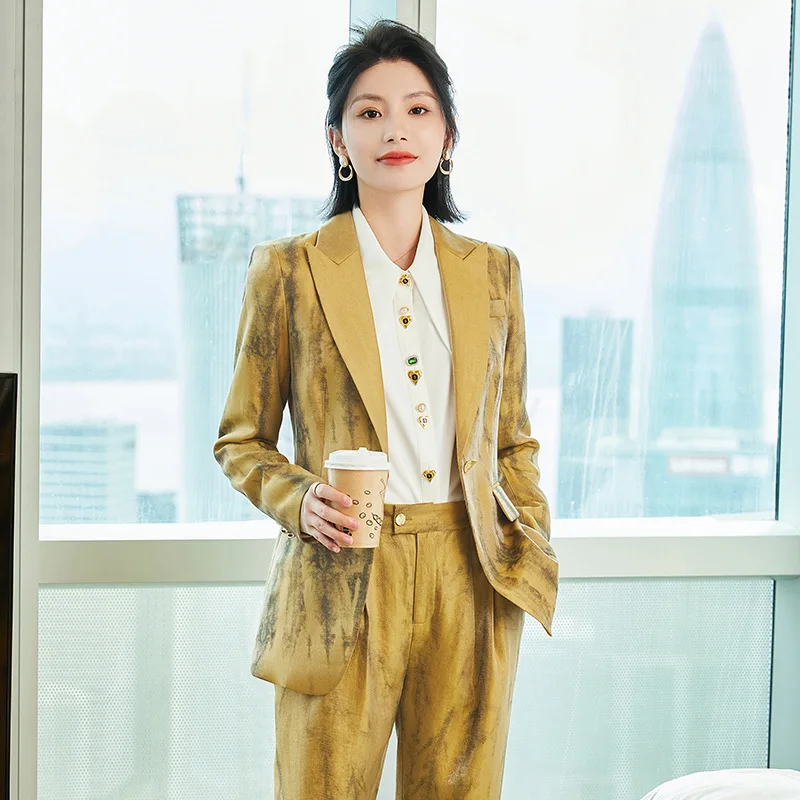 Women Golden Black Formal Pant Suit Autumn Female Tie-dye Blazer and Trouser 2 Piece Set For Office Ladies Winter Work Wear