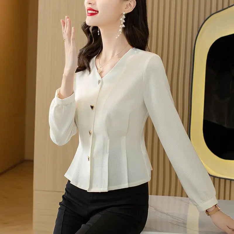 Fashion French Small Waist White Shirt for Women 2023 Autumn V-Neck Intellectuality Single Breasted Long Sleeved Apricot Blouses