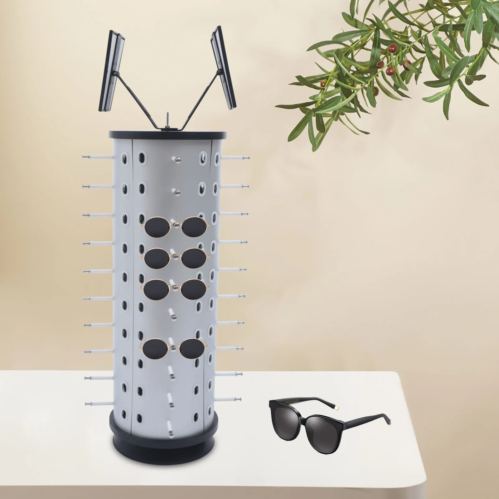 

360° Rotating Sunglasses Display Stand with Mirrors, Detachable Counter Top Eyeglass Rack Organizer, Storage Holder Holds 40 Pairs
