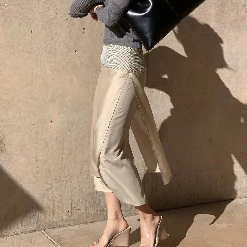 

Весна 2024: Женская модная атласная юбка в клетку с боковым разрезом, длиной макси, с поясом, А-силуэт, в стиле Донгдэмун