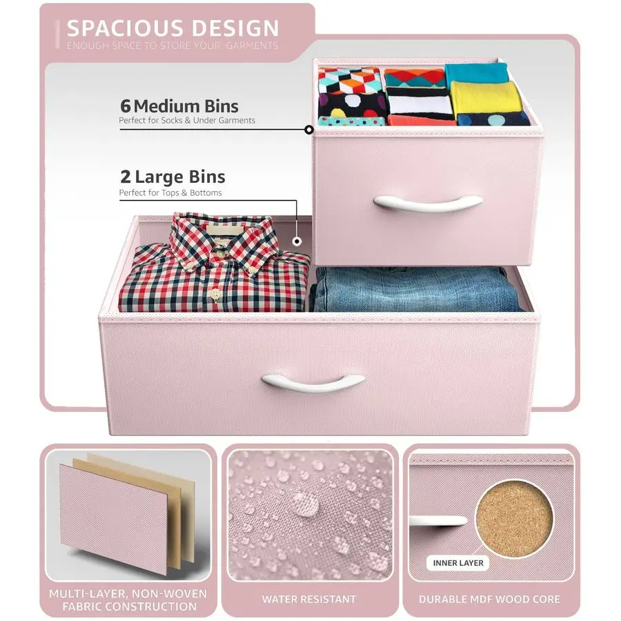 Commode pour enfants avec 8 tiroirs, unité de rangement de poitrine avec cadre en acier, poignée supérieure en bois, bacs en tissu pour vêtements, meubles larges pour