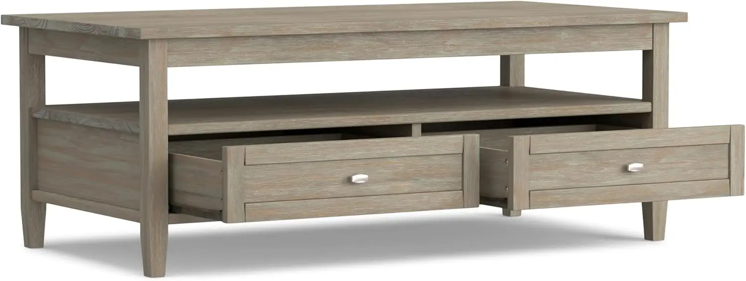 D 48 Inch Wide Rectangle Transitional Coffee Table in Distressed Grey, For the Living Room and F