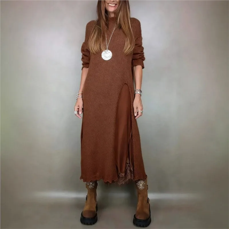 New Autumn Winter Lace Suspender Slit Sweater Skirt Two-piece Sets Women Casual O Neck Long Sleeve Patchwork Party Skirt Sets