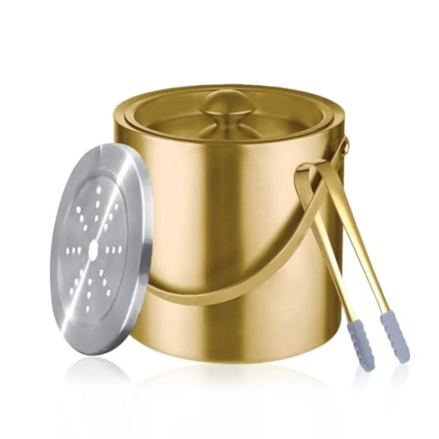 

Gold Ice Bucket with Lid Handle and Tong Insulated Stainless Steel Champagne Bucket 3L Wine Bucket for Party Bar Cart Accessori