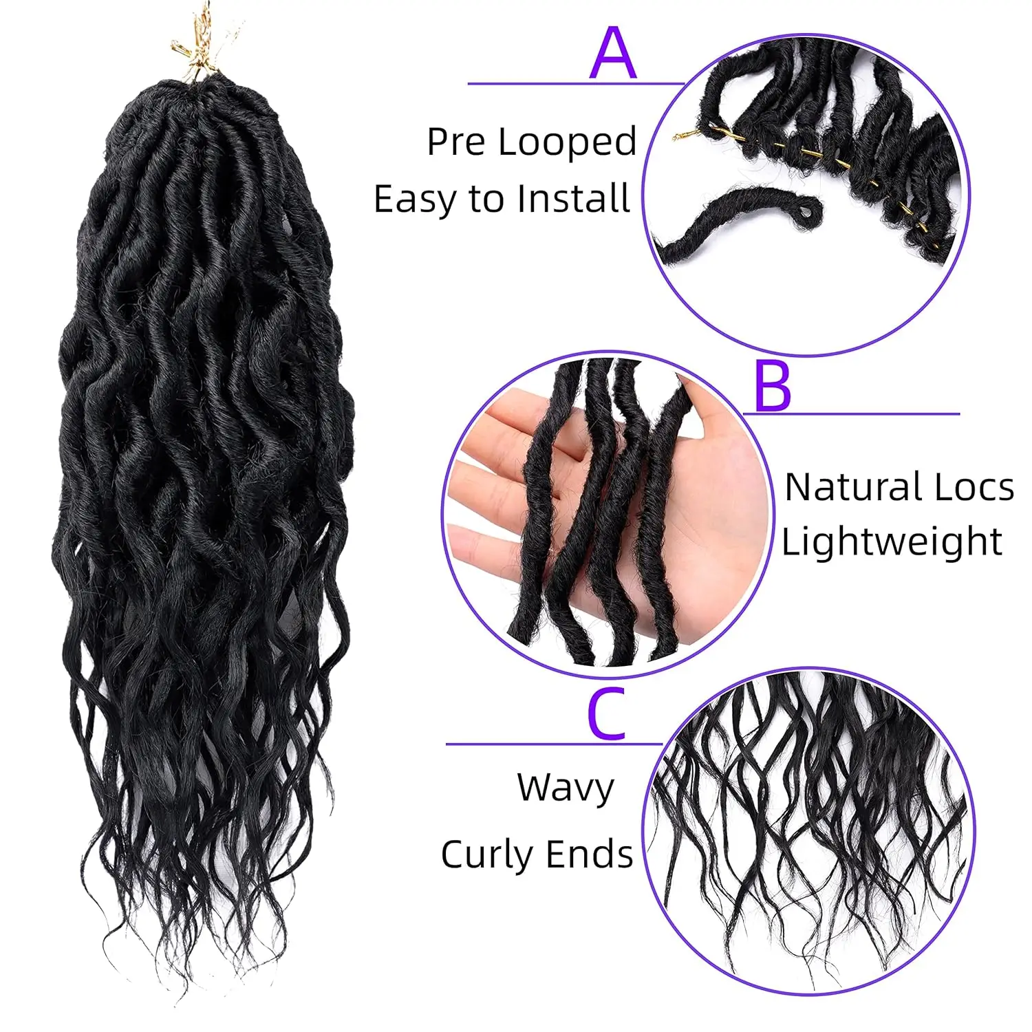 6 Packs Goddess Locs Crochet Hair for Women, Pre Looped Crochet Braids with Wavy Curly Ends Queen Locs Synthetic Braid Extension