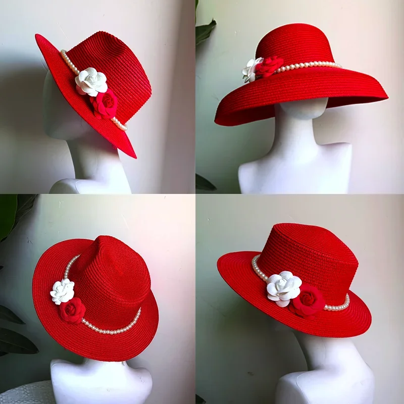NEW Women Summer Straw Hat Pearl Flower Beach Elegant Vacation Seaside Travel Sun Hat Headdress