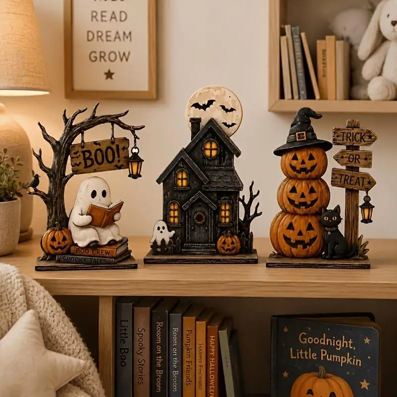 3 Stück Vintage-Halloween-Holz-Dekorationen für den Innenbereich mit Geister-, schwarzen Katzen- und Kürbis-Elementen zur Regaldekoration – Detail 1