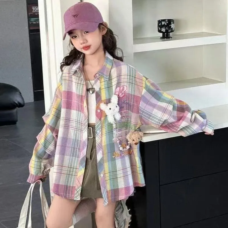 Plaid Shirt for Tween Girls 2026 Spring Casual Floral Print Long Sleeve Outerwear Children's Garment Trendy