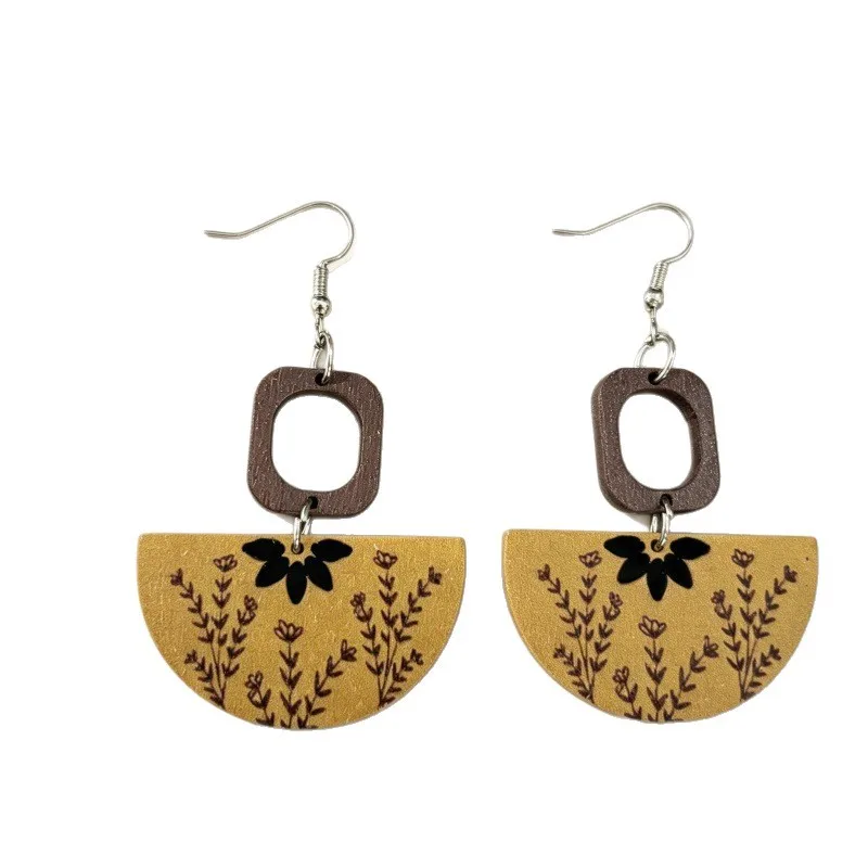 6pairs/lot Boho Floral Earringssemicircle of flowers  Wood Shaped Dangle Earrings Ear Clip Two Layer Round Wood Drop For Lady