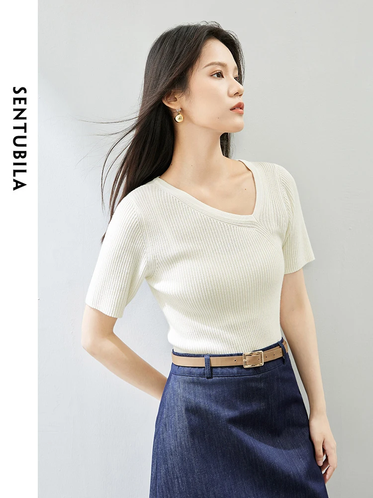 

SENTUBILA Women V-neck Slim Summer Sweater Short Sleeve Knit Tops 2024 Spring Summer Knitted Sweater Female Knitwear W42H53290