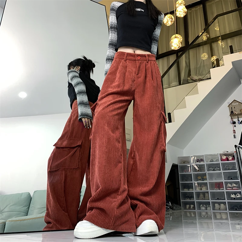 MEXZT Y2K Cargo Pants Women Streetwear Corduroy Wide Leg Sweatpants Harajuku Pockets Baggy Joggers Autumn Winter Casual Trousers