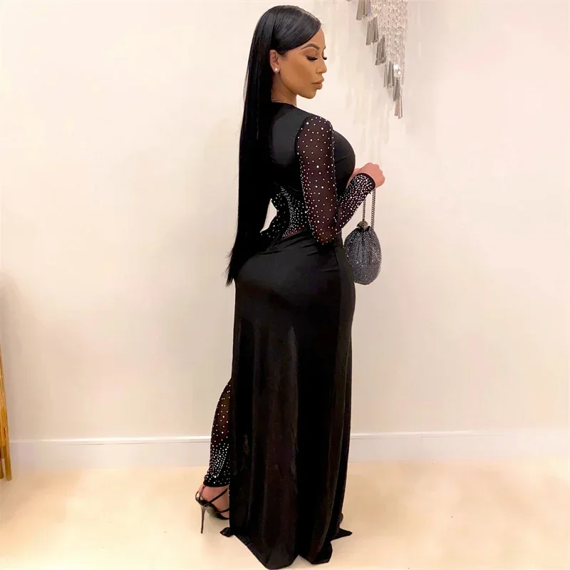 Sexy Rhinestone Jumpsuits Luxury for Women Long Sleeve Sheer Mesh Patchwork Skinny Night Party Club Romper Overalls Birthday